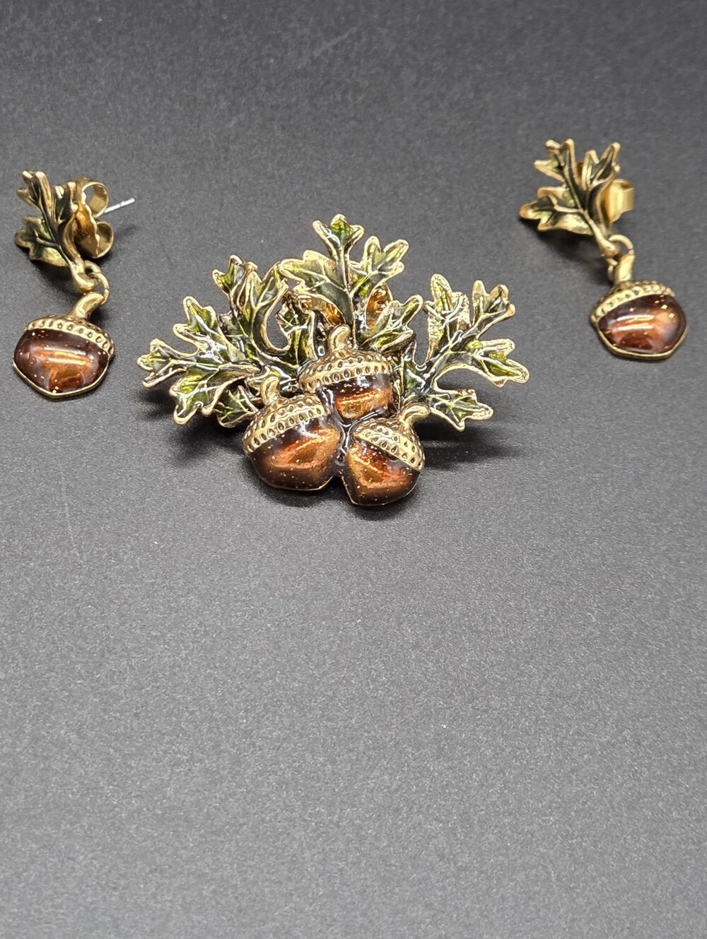 Avon Gold and Brown Acorn Drop Earrings and Brooch Set